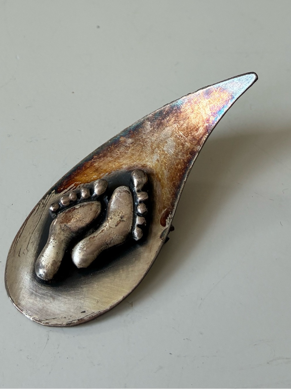Vintage Artisan Precious Feet Silver Handmade Footprint Brooch Pin
